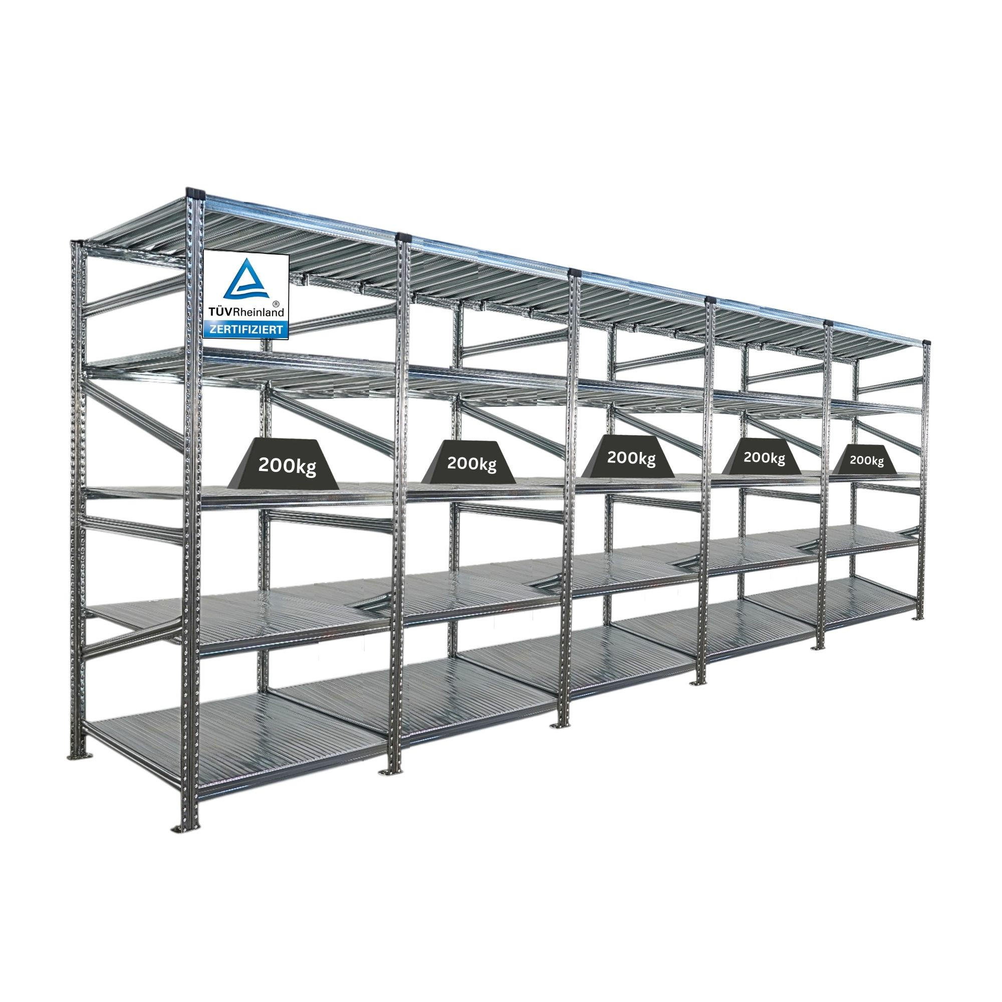 FACHBODENREGAL Proximo Stecksystem 200x450x80cm 5 Ebenen Fachlast 200 kg Beidseitig nutzbar Verzinkt - Silberfarben, Metall (450/200/80cm) - PROREGAL