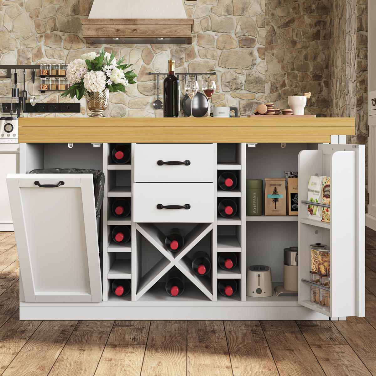 KÜCHENINSEL 360° Drehbar 120 223cm Stauraum Weinregal Weiß Schwarz - Weiß, Metall (120/73.8/40cm) - FLIEKS