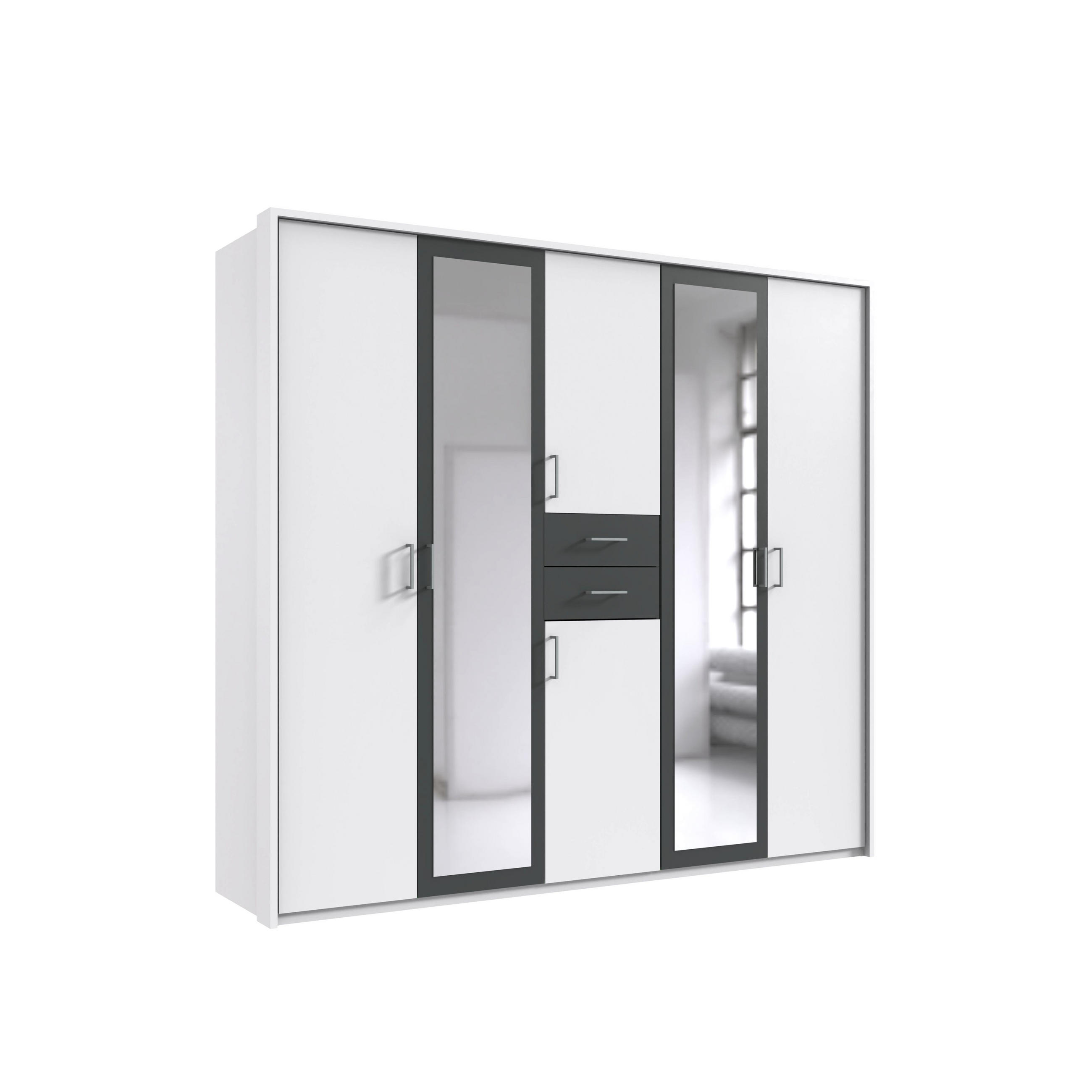 luma-home SKŘÍŇ S OTOČNÝMI DVEŘMI, 228 × 58 × 210 cm (Š×H×V), pasparta, zásuvky, 2 zrcadlové dveře, bílá/grafitová / 22598