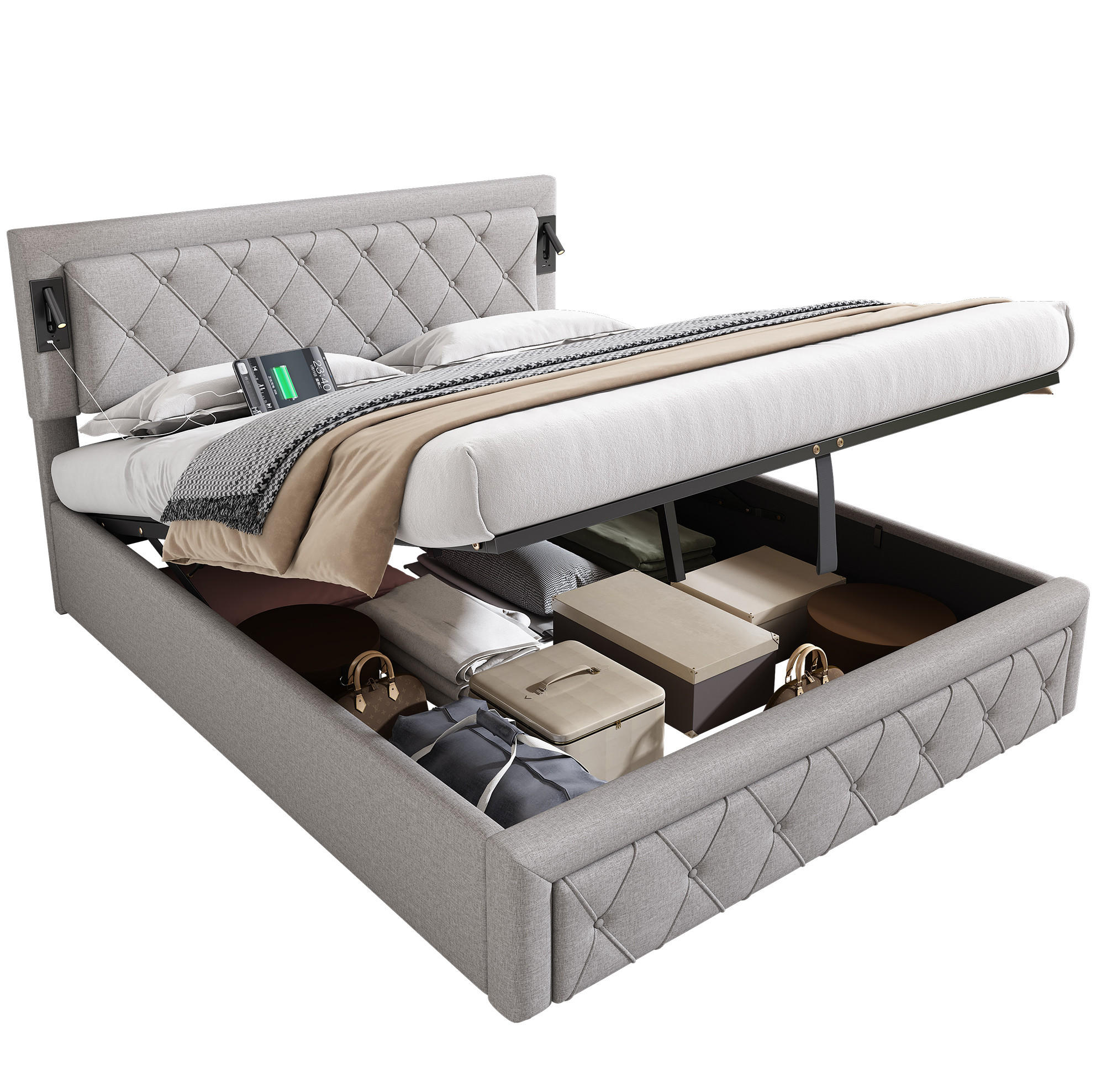 POLSTERBETT 160/200 cm mit Downlights, USB und hydraulischem Stauraum, Leinen, Grau - Grau, Textil (160/200cm) - Redom
