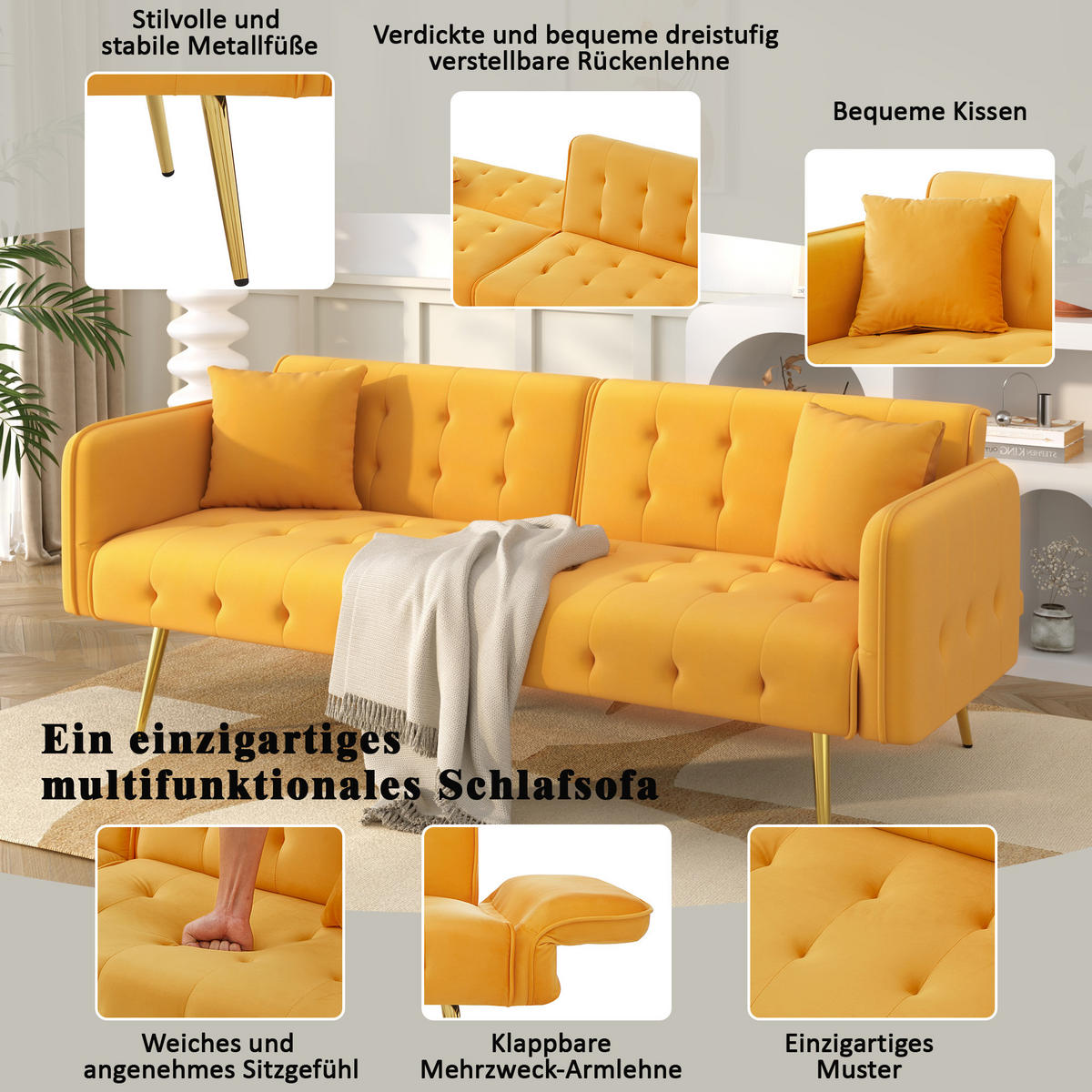 SOFABETT Samt mit verstellbarer Rückenlehne und Armlehnen Gelb 178/82/70 cm - Gelb, Textil (82/70/178cm) - Redom