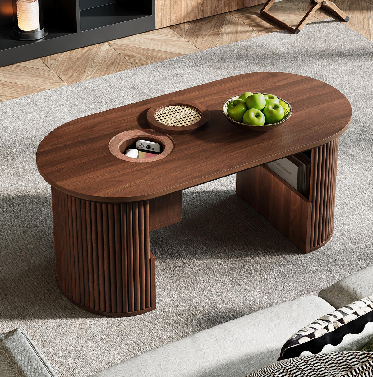 OVÁLNÝ konferenční stolek 105/50/46,5 cm ořechový z MDF s úložným prostorem a zaoblenými hranami - ořechová, kompozitní dřevo (105/50/46.5cm) - OKWISH