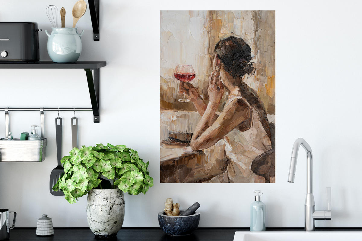 WANDTATTOO Ölgemälde - Frau - Wein 40x60 cm - Hellbraun, Kunststoff (40/60/0.1cm) - MuchoWow