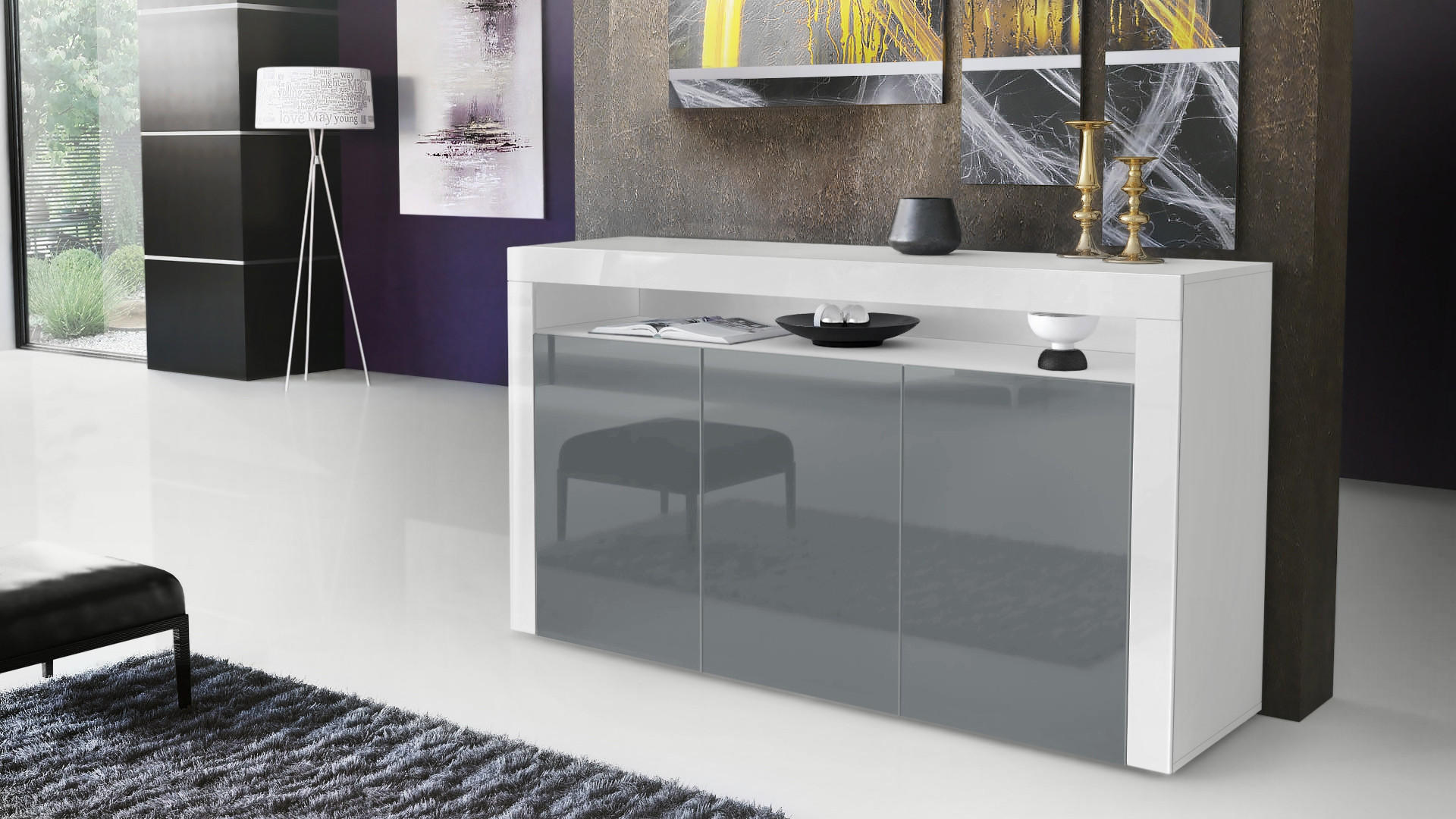 SIDEBOARD Valencia Grau Hochglanz / Weiß Hochglanz - Grau, Holzwerkstoff (155/92/40cm) - Vladon