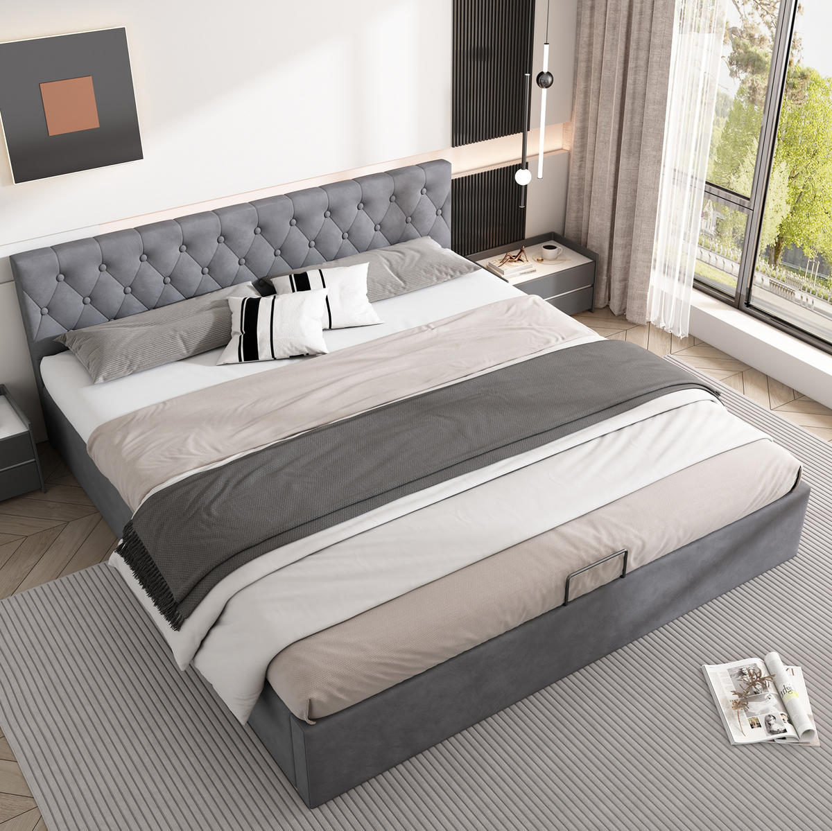 ČALÚNENÁ posteľ zo zamatu 180x200 cm sivá s hydraulickým úložným priestorom, lamelovým roštom a prešívaným čelom - sivá, textil (180/200cm) - Modfu