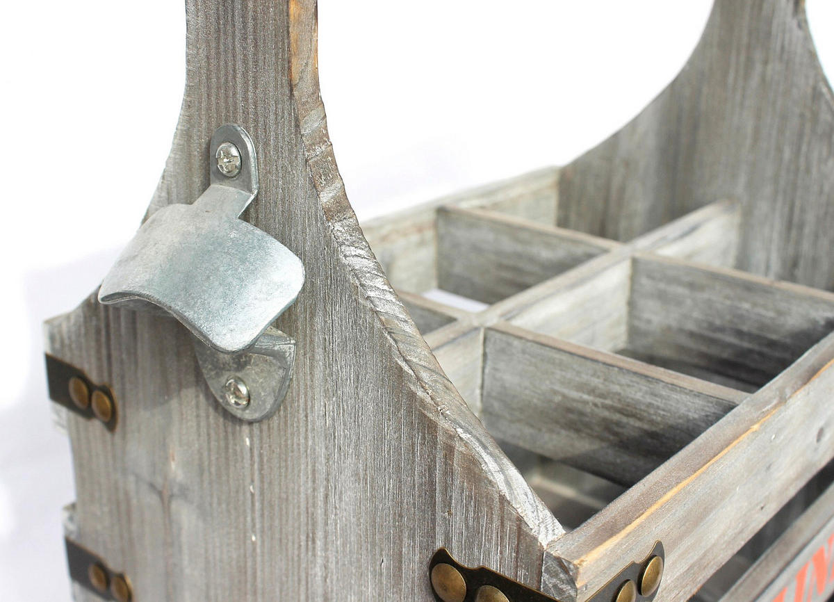 BIERTRÄGER mit Flaschenöffner Flaschenträger 6 Zylinder Bierkiste aus Holz 32cm - Grau, Holz (31/32/21cm) - DanDiBo