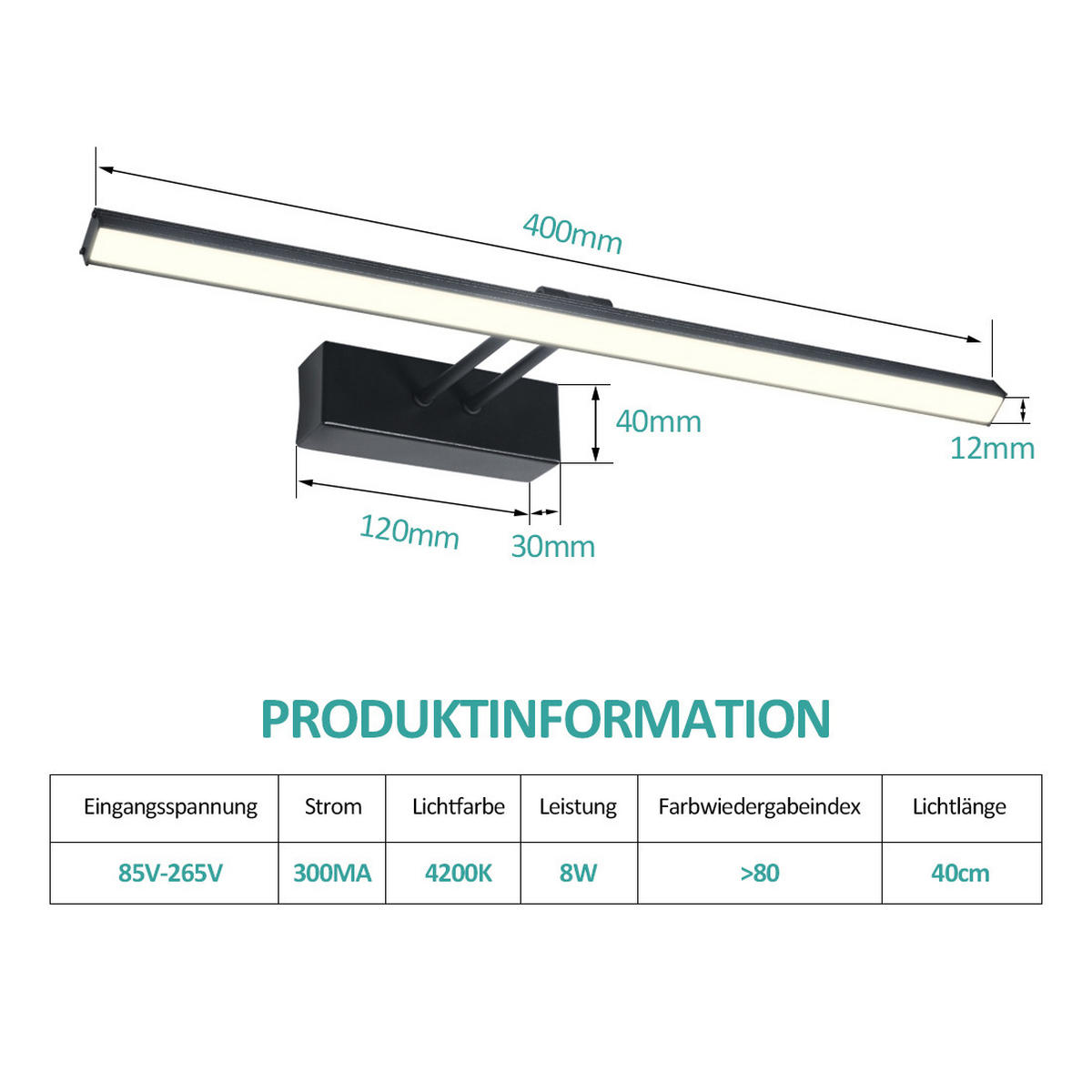 SPIEGELLEUCHTE LED Schwarz 4200K Schwarz 40,4/17,1/4 cm - Schwarz, Kunststoff (17/40/4cm) - EMKE