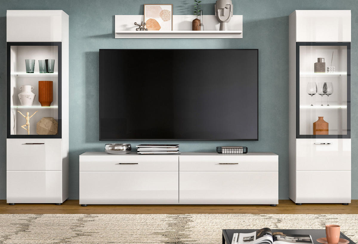 WOHNWAND weiß Hochglanz 4-teilig 280 cm, Schrankwand mit 2 Vitrinen - Weiß Hochglanz/Silberfarben, Glas/Holzwerkstoff (280/160/41cm) - Inn.Furn