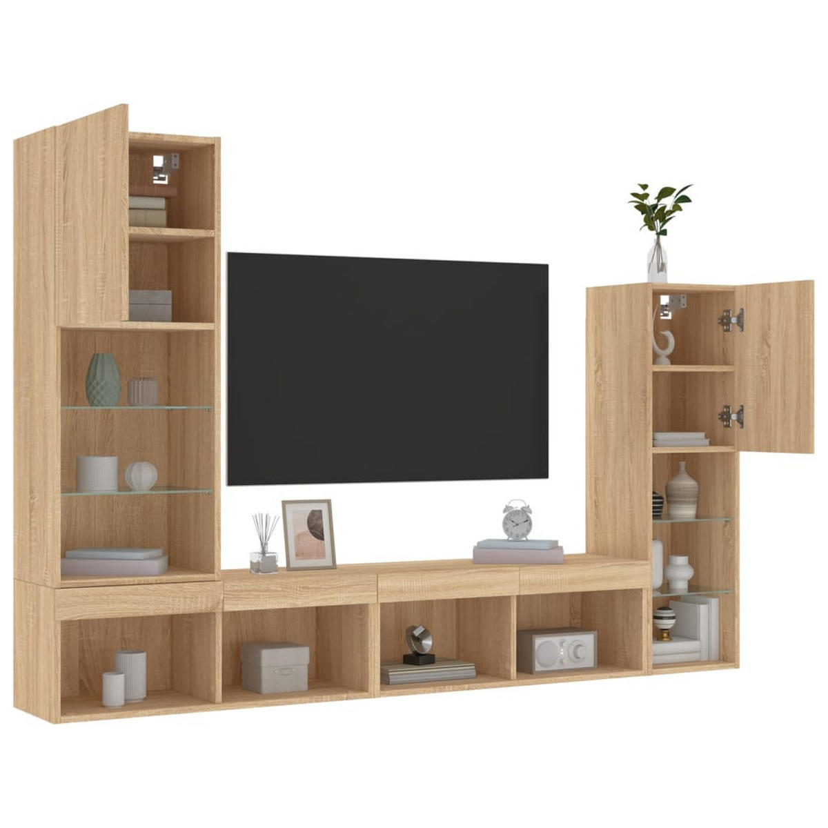 WOHNWAND Mit Led-Beleuchtung Sonoma-Eiche Holzwerkstoff 4-teilig - Braun, Holzwerkstoff (30/102/40.5cm) - vidaXL