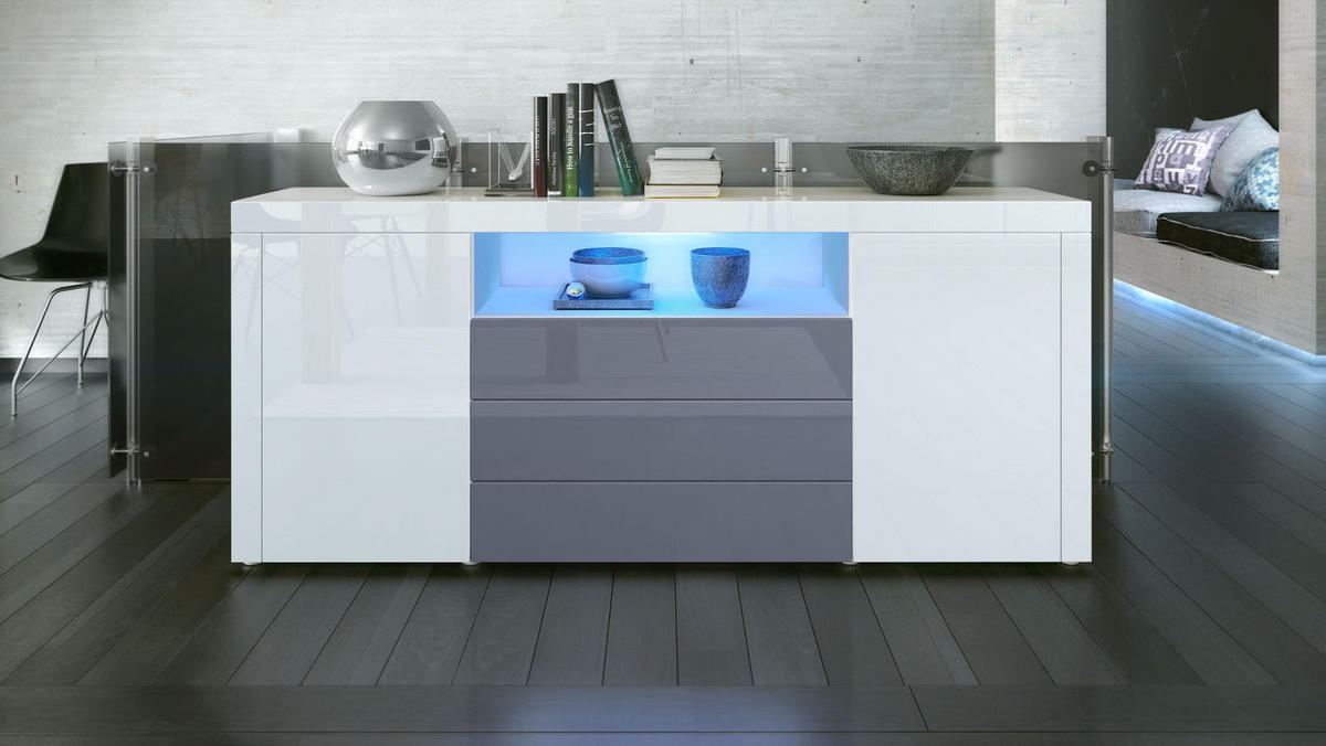 SIDEBOARD Santiago Weiß Hochglanz / Grau Hochglanz - Weiß Hochglanz, Holzwerkstoff (167/72/35cm) - Vladon