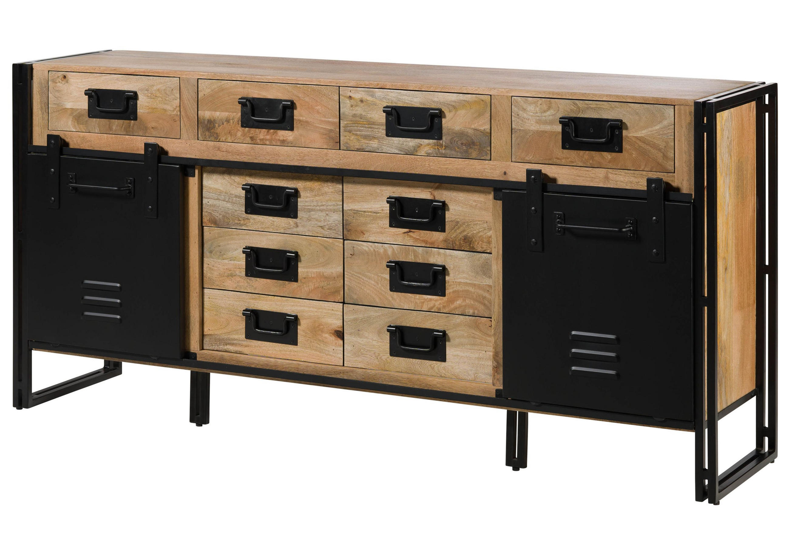 SIDEBOARD Mango 195x45x90 natur klar lackiert / Metall schwarz BLACKBURN #109 - Braun, Holz (195/90/45cm) - Massivmoebel24