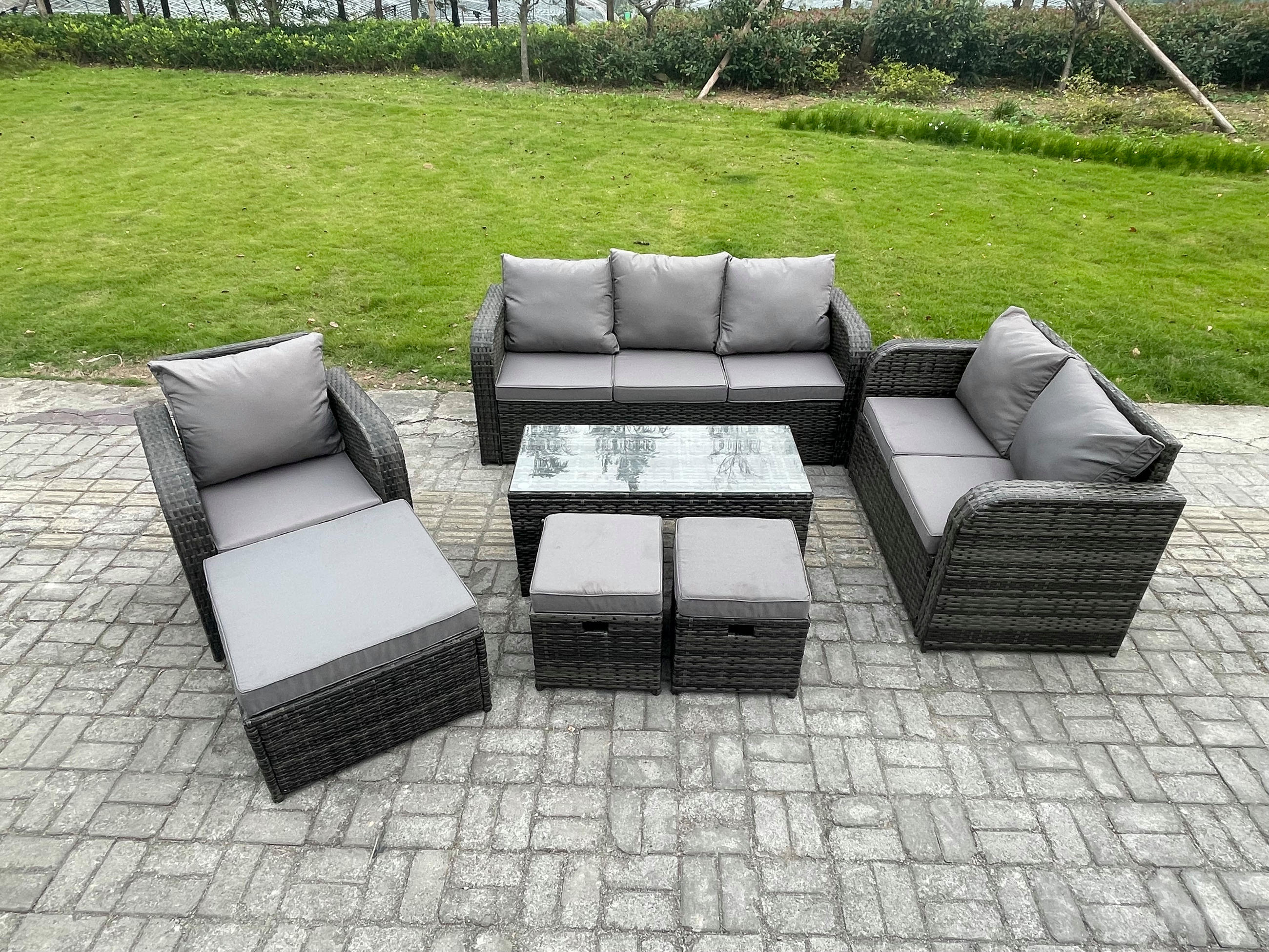 GARTENSOFA SET mit rechteckigem COUCHTISCH Polyrattan 9-Sitzer Dunkelgrau - Dunkelgrau/Grau, Glas/Kunststoff - Fimous