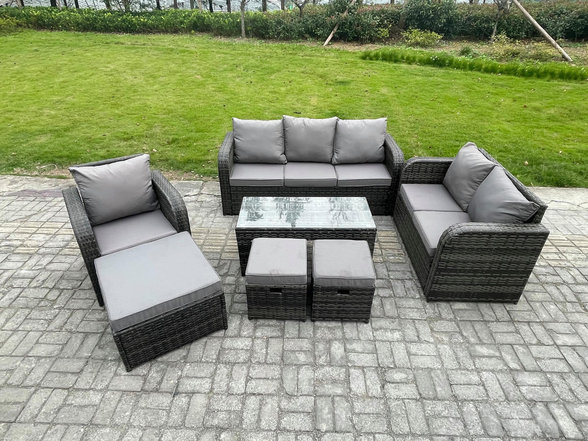 GARTENSOFA SET mit rechteckigem COUCHTISCH Polyrattan 9-Sitzer Dunkelgrau - Dunkelgrau/Grau, Glas/Kunststoff - Fimous