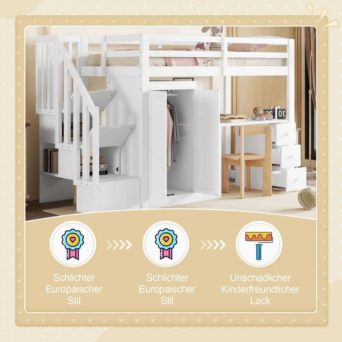 HOCHBETT 90/200 cm in Weiß mit Schreibtisch, Kleiderschrank und Stauraumtreppe - Weiß, Holzwerkstoff (90/200cm) - Flora Grace