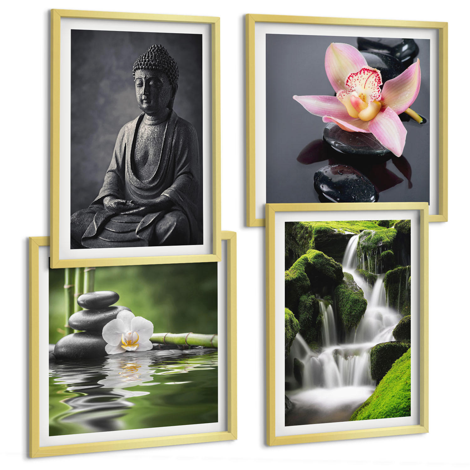 BILDER SET 4er Set - 50x50 cm & 40x60 cm Goldrahmen - Zen-Gemälde, Wassersteine, Buddha - Goldfarben, Kunststoff (50/50cm) - TULUP