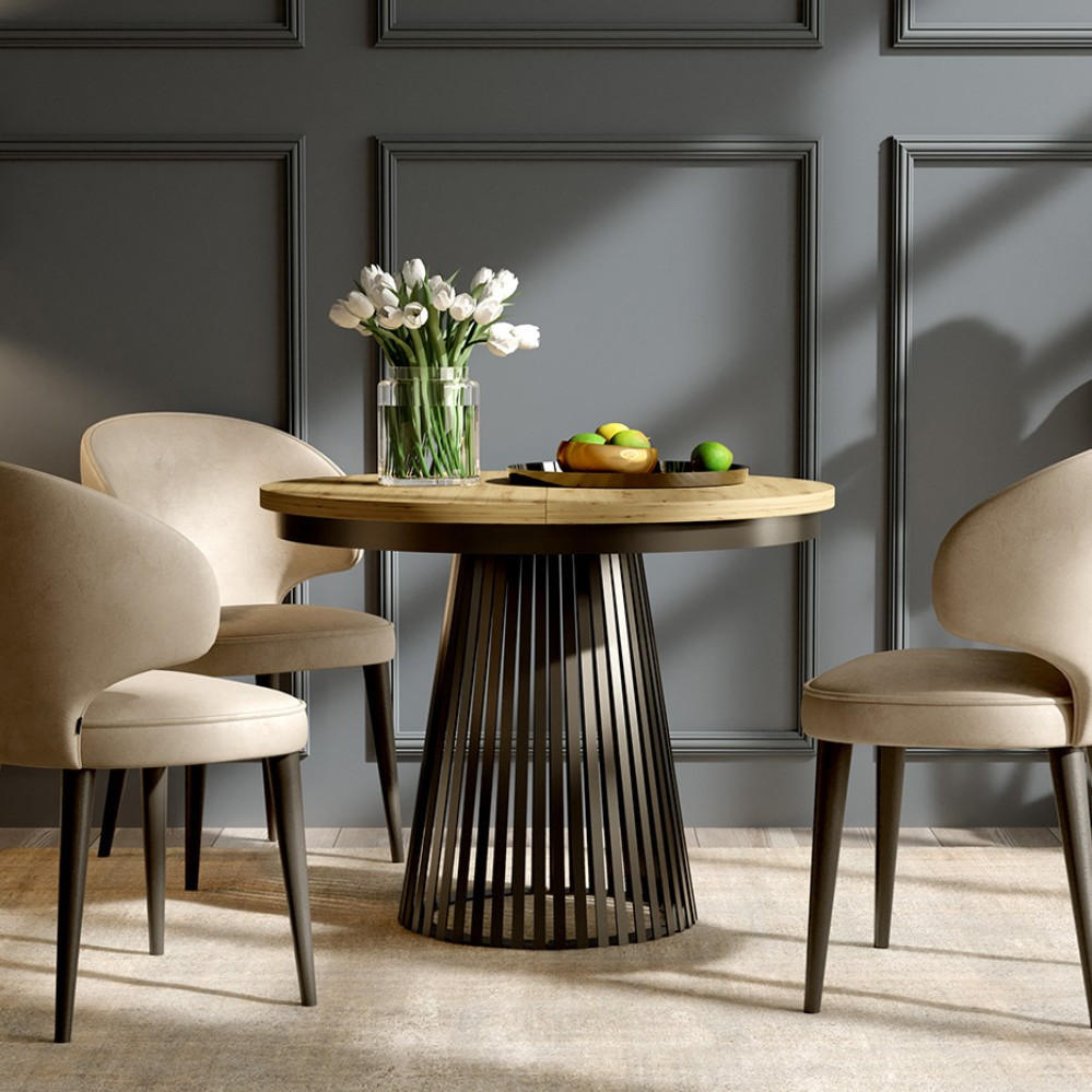 ESSTISCH Lumi, Runder, mit Metallbeinen, eiche Artisan+Schwarz - Schwarz/Eiche Artisan, Holzwerkstoff/Metall (100/100/77cm) - Beautysofa