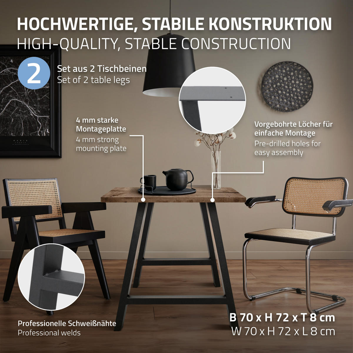 TISCHBEINE 2er Set 70 x 72 cm Anthrazit A-Form - Anthrazit, Metall (72/8/60cm) - ECD-Germany