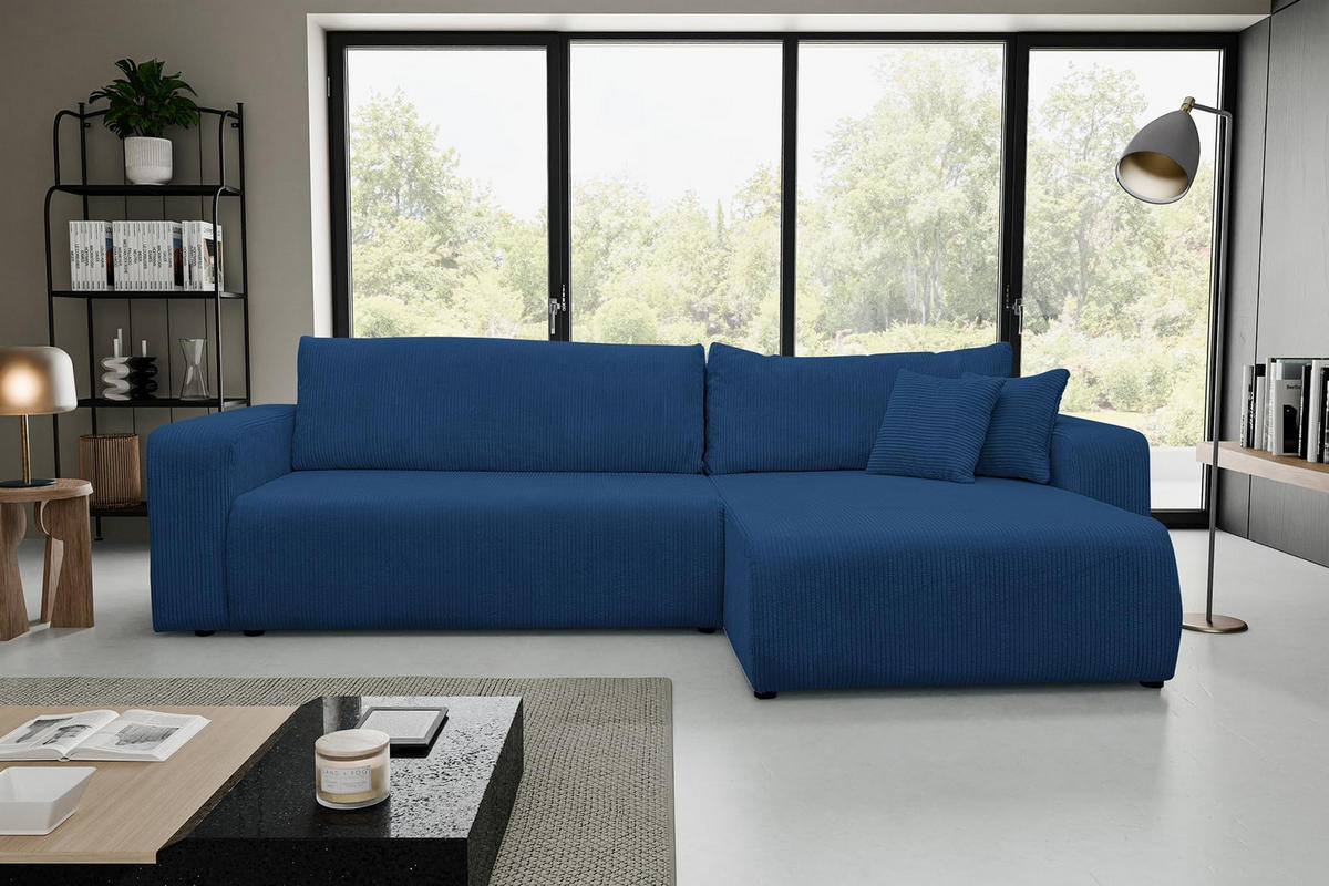 ECKSOFA Luna XL mit Schlaffunktion und Bettkasten Cord-Stoff (Blau) - Blau, Textil (274/142cm) - VENASI MÖBEL