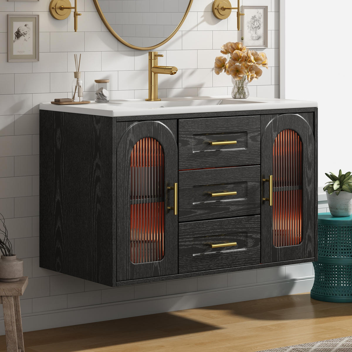 BADEZIMMERSCHRANK Wandmontiert Waschbecken LED Glasfront Schwarz 76cm - Schwarz, Glas (76/55/46cm) - FLIEKS