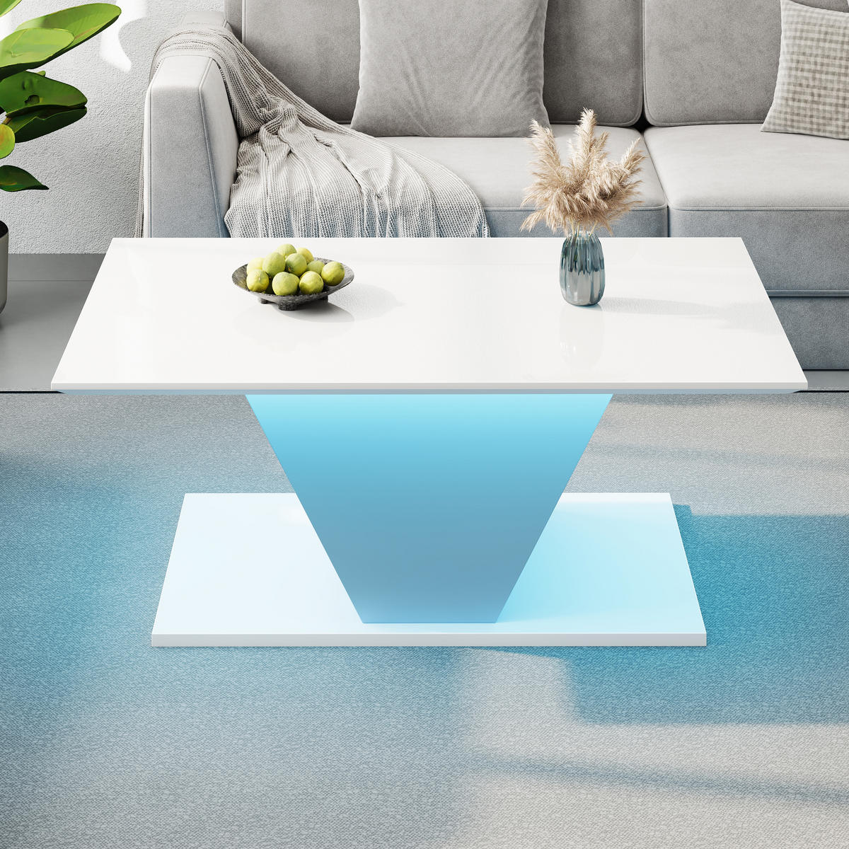 COUCHTISCH Weiß Hochglanz mit LED & V-Form Design - Weiß, Holzwerkstoff (50/100/46cm) - Urban Meuble