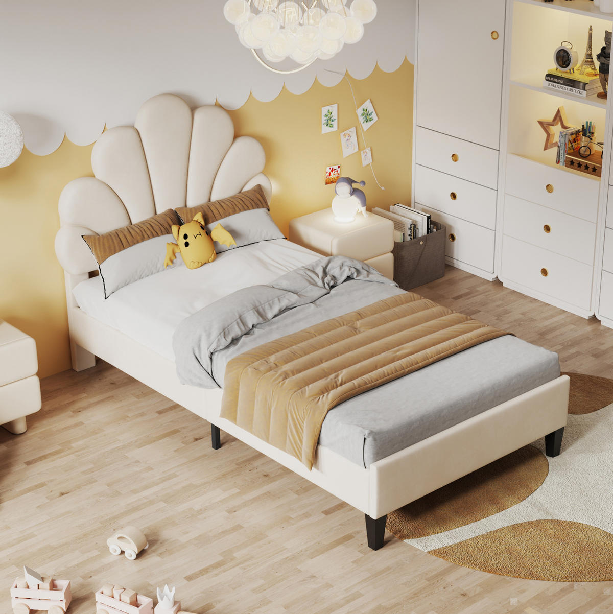 POLSTERBETT mit Blumen-Kopfteil 90x200 cm Samt Beige - Beige, Holzwerkstoff (90/200cm) - Beauniv