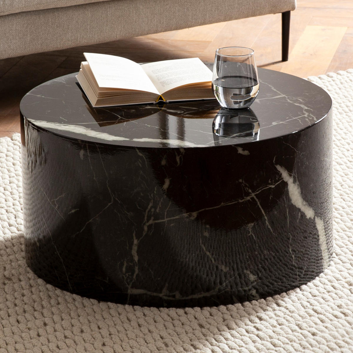 COUCHTISCH mit Hochglanz-Oberfläche, Marmor-Optik, Design rund, Schwarz 60x60x30 cm - Schwarz, Holzwerkstoff (60/60/30cm) - KADIMA DESIGN
