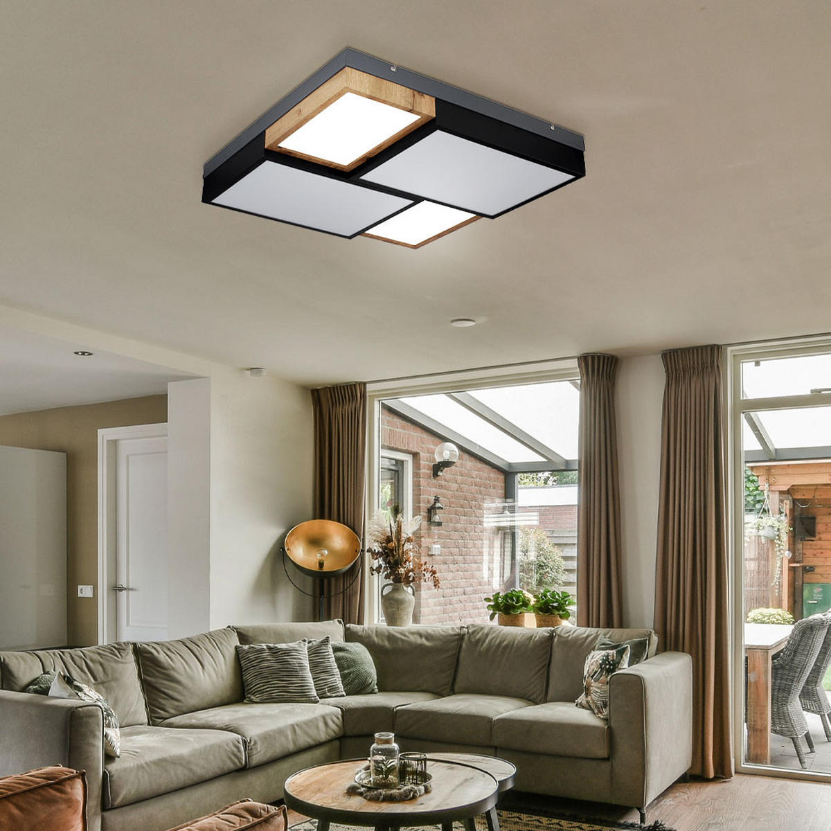 LED DECKENLEUCHTE Metall Schwarz-matt Holzoptik - Schwarz, Metall (60/60/9cm) - Globo Lighting