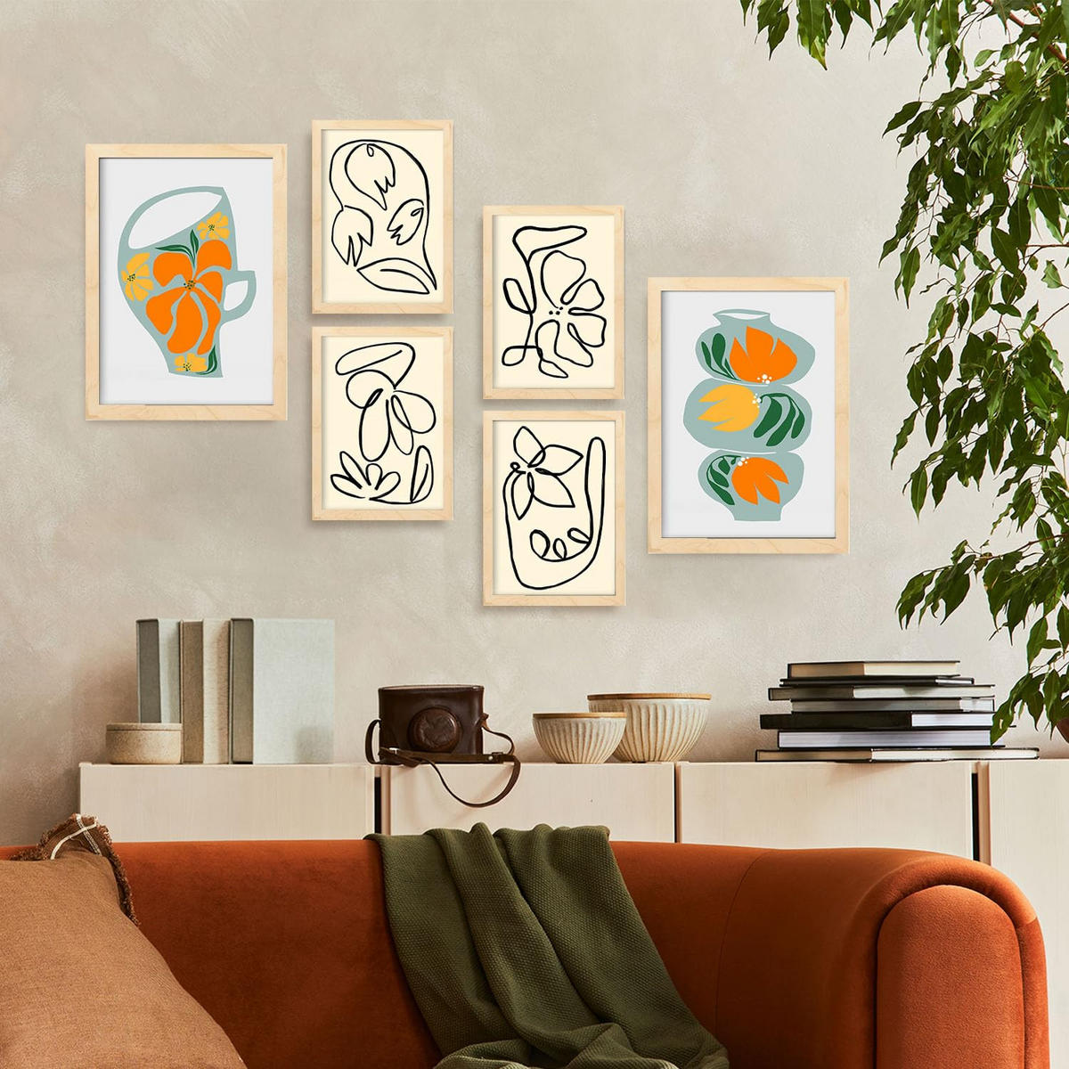 POSTER Set Mit 6 Demodierte Vase In Blume Zusammenfassung Ästhetische Dekorative Gemälde Für Ihr Wohnzimmer Zuhause A3 & A4 Rahmen Aus Hellem Holz - Beige, Papier (29/3cm) - Nacnic