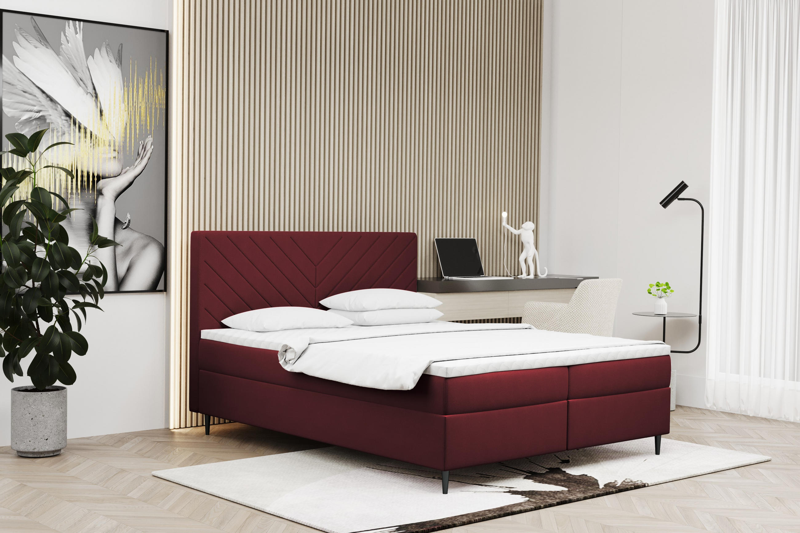 BOXBETT Mit Bettkasten Und Matratze + Topper RUGIA Stoff Velvet Rotwein 200x200 cm H2-Pocket - Bordeaux, Holz/Holzwerkstoff (200/200cm) - Kaiser Möbel