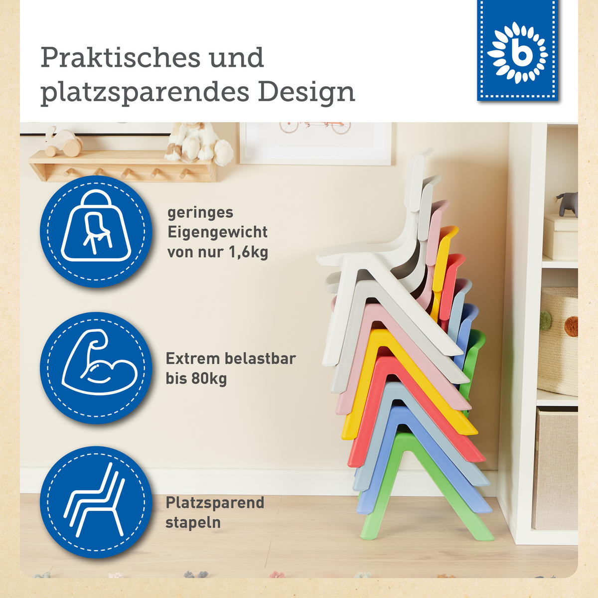 KINDERSTUHL bis 80 kg belastbar - Blau, Kunststoff (34/51.5/36cm) - Bieco Spielwaren