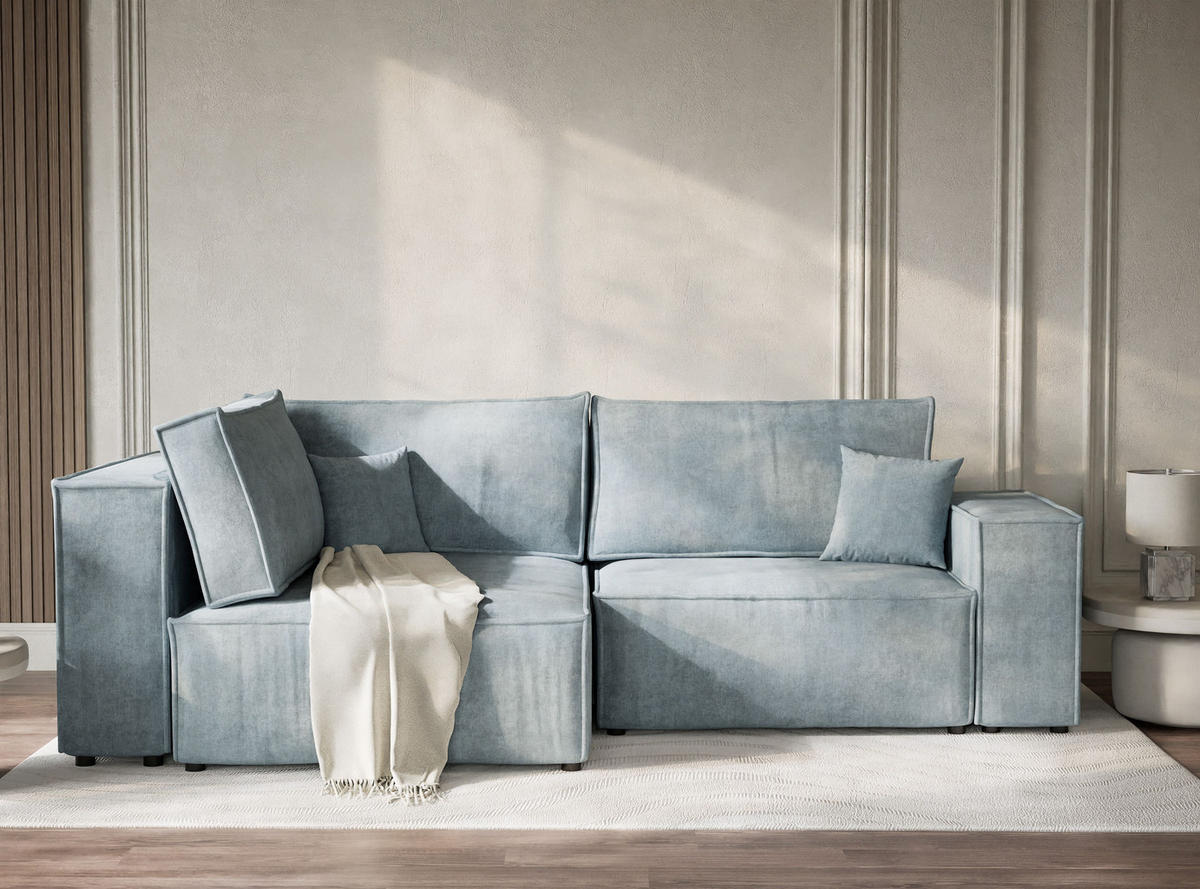 ECKSOFA MIT SCHLAFFUNKTION Tonga Hellblau Webstoff - Schwarz/Hellblau, Holz/Holzwerkstoff (105/225cm) - Maison de Reve