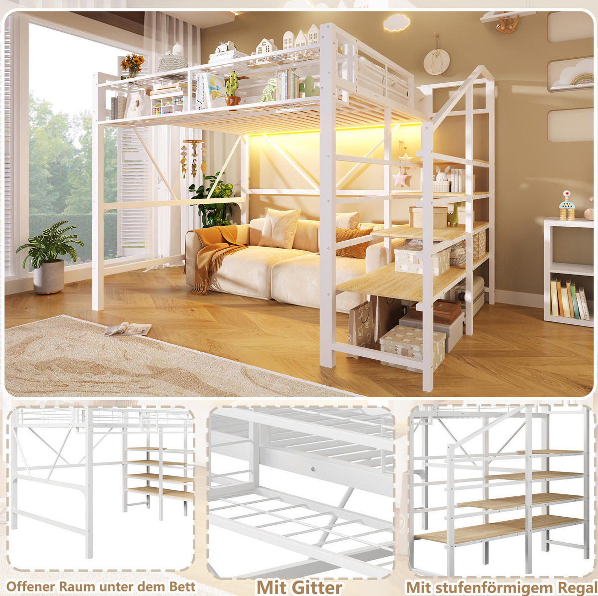 HOCHBETT 140/200 cm Weiß mit LED ohne Matratze - Weiß, Metall (140/200cm) - MIVRAY