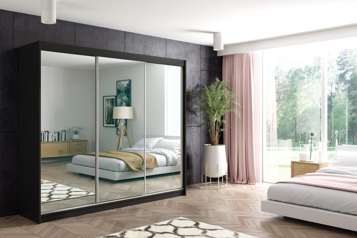 KLEIDERSCHRANK mit Spiegel-Schiebetüren und Aluminium-Leisten, LED-Beleuchtung - DEBI - 240 cm Schwarz - Schwarz, Holzwerkstoff (240/216/61cm) - ALTDECOR