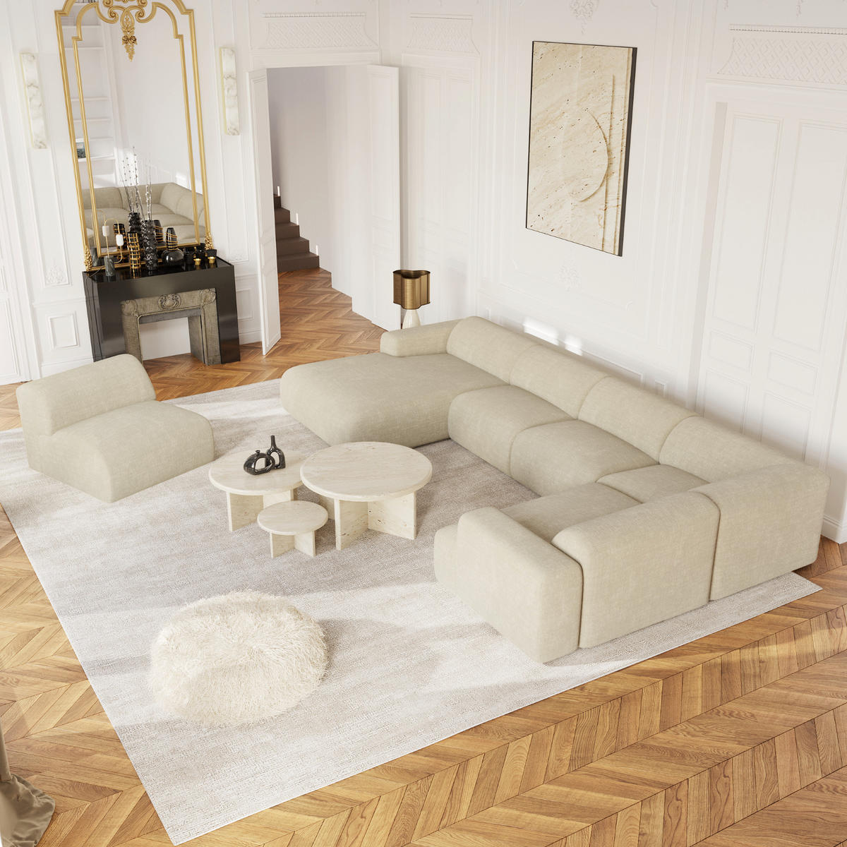 WOHNLANDSCHAFT Texturierter Samt Creme 354.0 CENTIMETERScm - Creme, Textil (354/73/164cm) - Sia Home