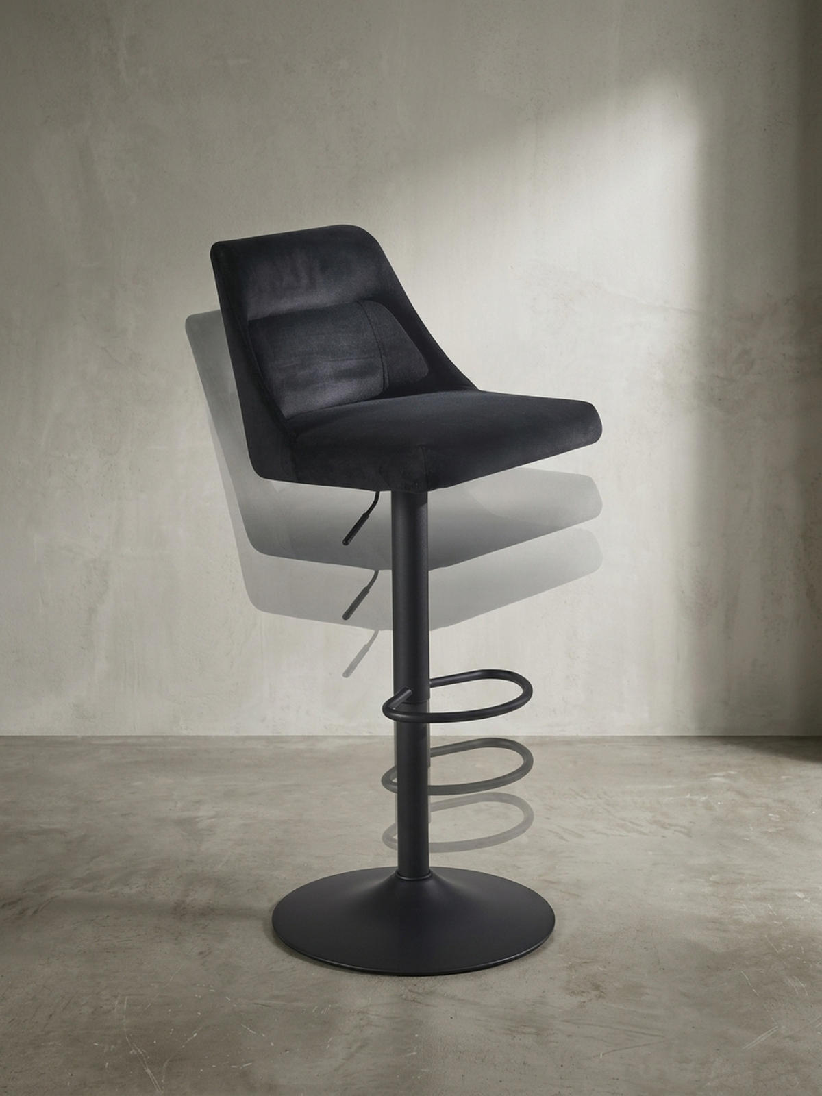 BARHOCKER Samt Lehne Höhenverstellbar Trompetenfuß Gepolstert, Schwarz 45x51x106 cm - Schwarz, Textil/Metall (45/106/51cm) - KADIMA DESIGN