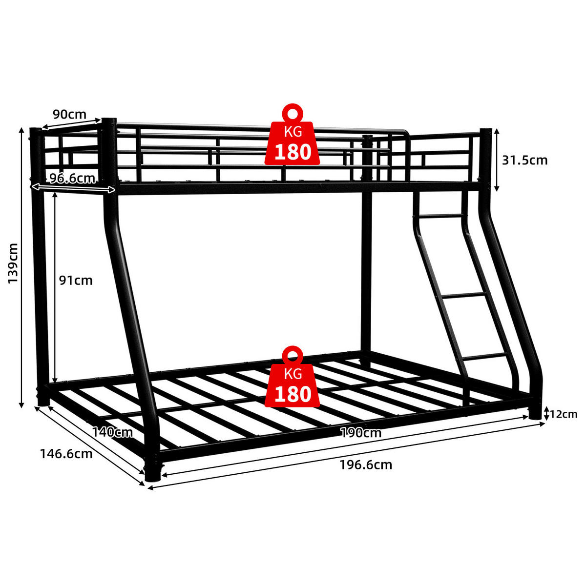 ETAGENBETT 140/200 cm aus Metall mit Leiter, erhöhtem Geländer und geräuscharmen Latten, Schwarz - Schwarz, Metall (140/200cm) - Redom