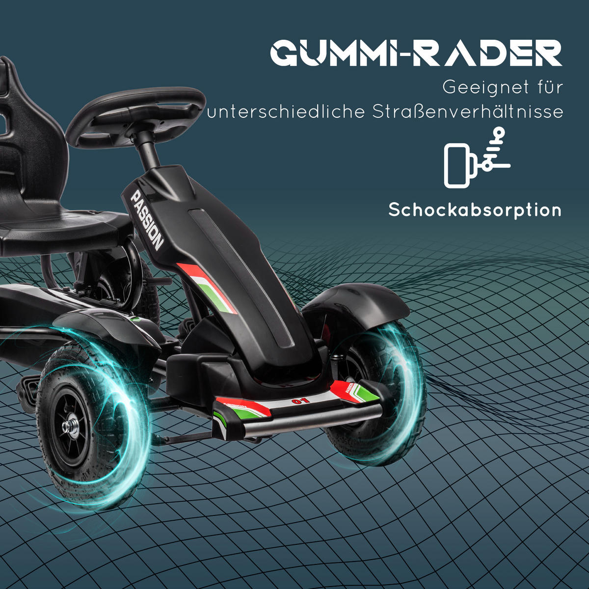 KINDER GO KART TRETAUTO, Schwarz, Kunststoff+ Metall - Schwarz, Metall (121/58/61cm) - HOMCOM