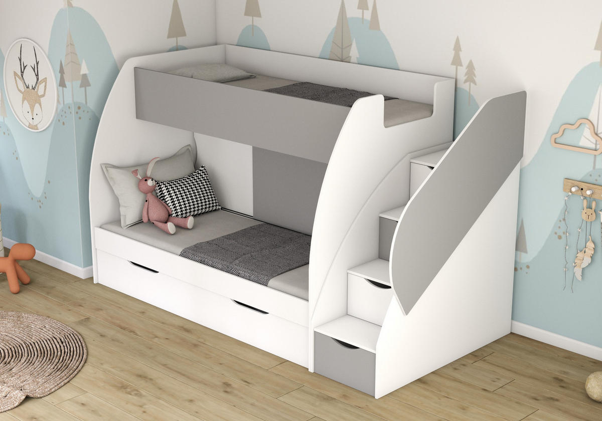 JUGENDZIMMER Etagenbett Luna in Weiß und Grau 80x200cm Liegefläche mit integriertem Regal, Bettschubkasten und Schüben - Weiß, Holzwerkstoff (80/200/120cm)