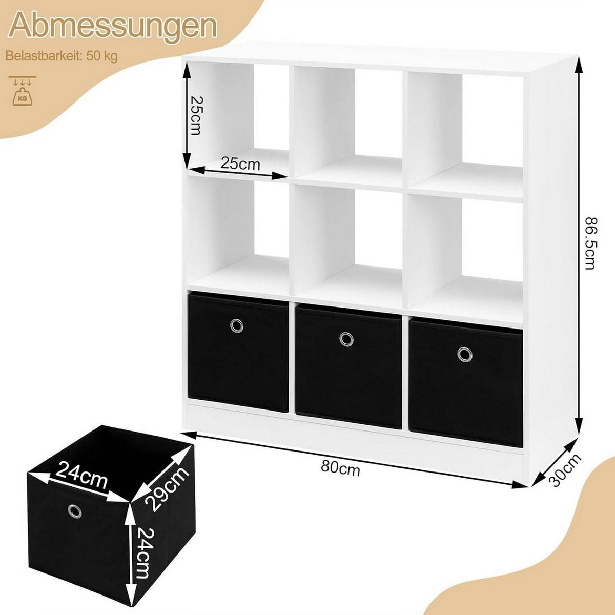 BÜCHERREGAL mit 9 Fächern, 80x86.5x30 cm, Weiß - Weiß, Holzwerkstoff/Textil (80/86.5/30cm) - Woltu