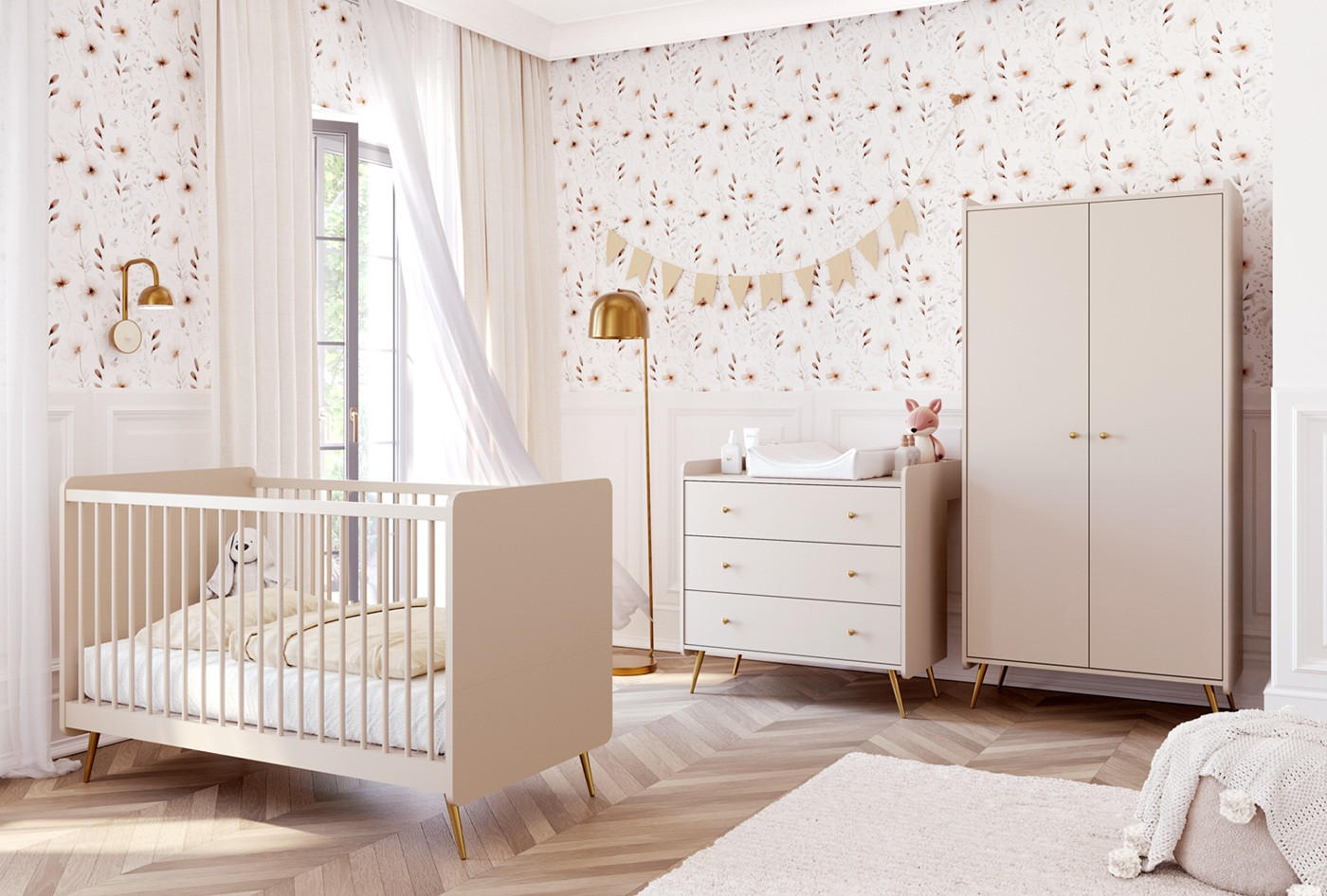 BABYZIMMER Set Lien - 4-teilig - Sandfarben/Goldfarben, Holzwerkstoff/Metall (90/188/51cm) - QMM TraumMöbel