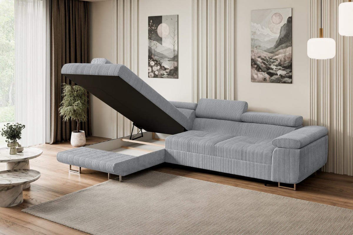 ECKSOFA mit Schlaffunktion und Bettkasten GUSA-L 272x202x107 cm Grau Cord - Silberfarben/Grau, Holzwerkstoff/Textil (202/272cm) - ALTDECOR