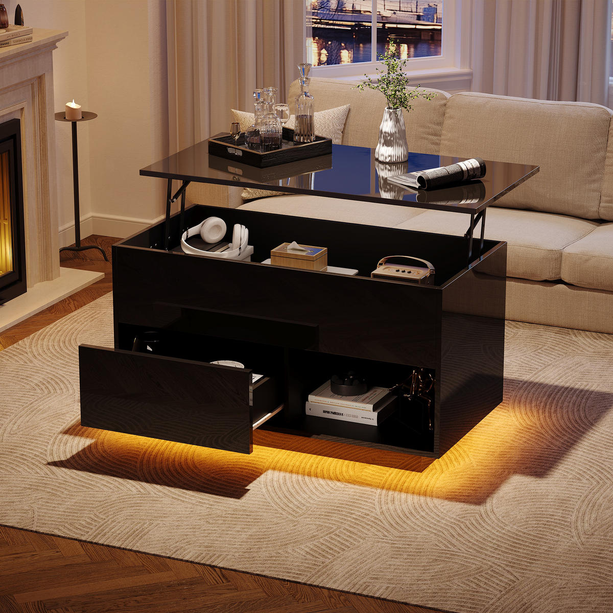 COUCHTISCH 100/50/55-70,5 cm Schwarz aus Holzwerkstoff mit Lift-Top, Stauraum und LED-Beleuchtung - Schwarz, Holzwerkstoff (100/50/60cm) - OKWISH