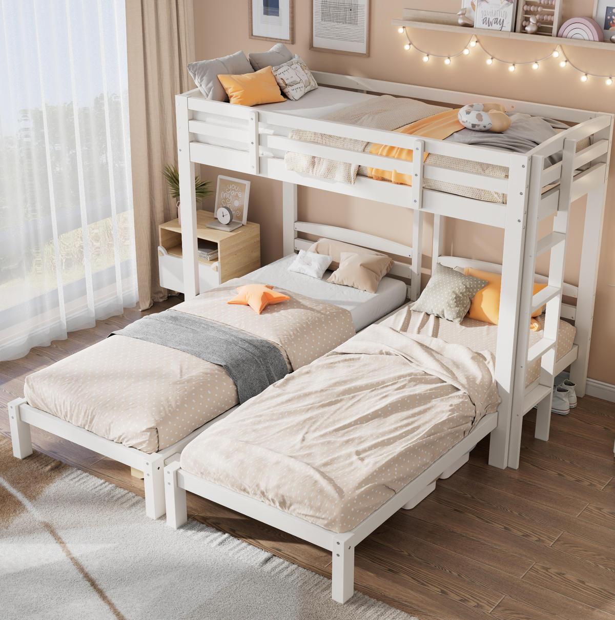 ETAGENBETT 90/200 cm mit Seitenleiter, 3 Schlafplätzen und Massivholzgestell, Weiß - Weiß, Holz (90/200cm) - Redom
