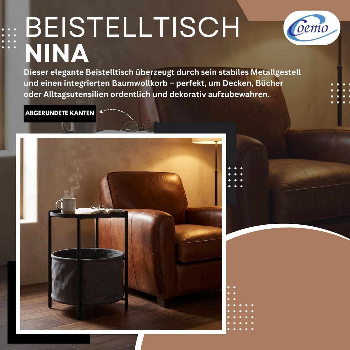 COUCHTISCH NINA Metall mit Aufbewahrungskorb Canvas Schwarz - Schwarz, Metall (45/45/48cm) - Coemo