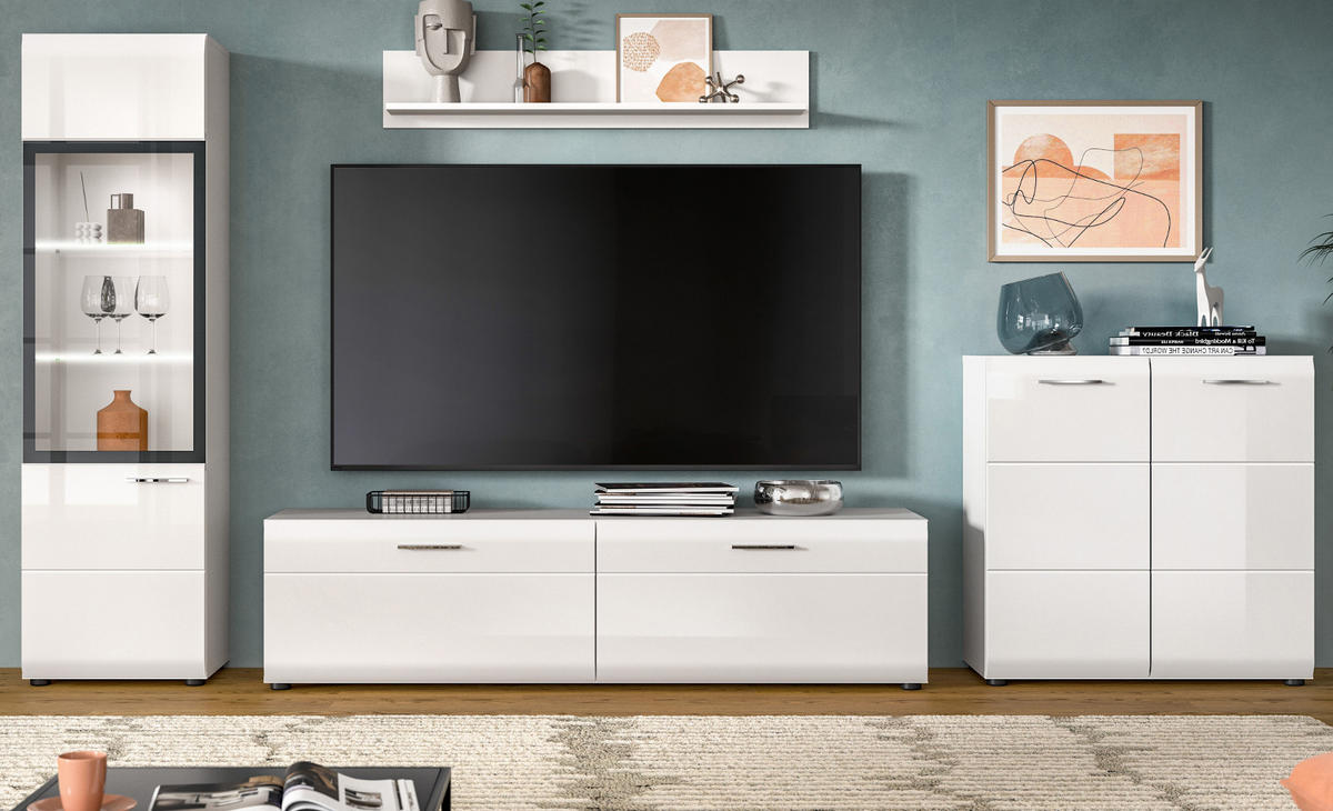 WOHNWAND weiß Hochglanz 4-teilig 315 cm, Schrankwand mit viel Stauraum - Weiß Hochglanz/Silberfarben, Glas/Holzwerkstoff (315/160/41cm) - Inn.Furn