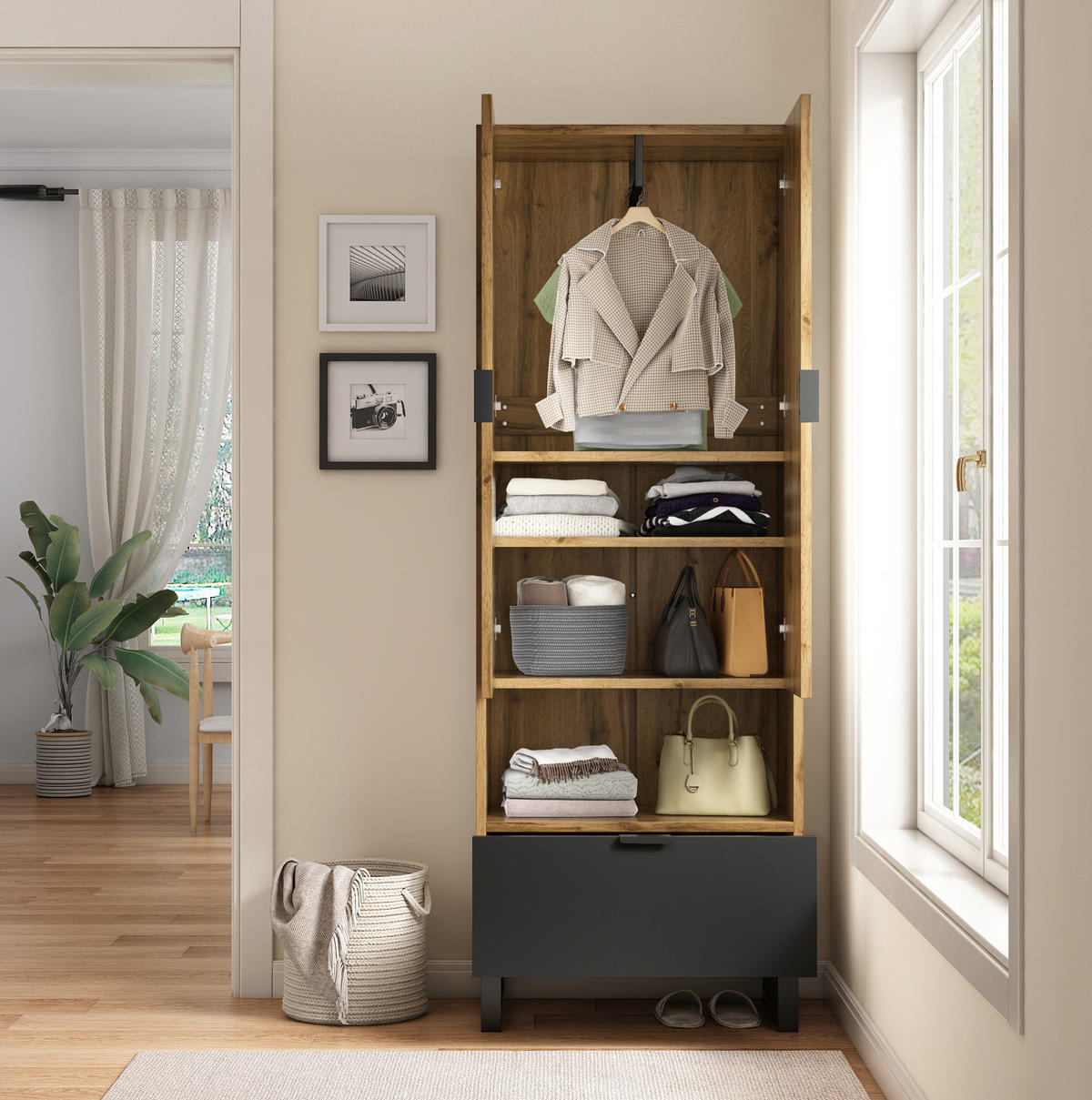 GARDEROBENSCHRANK 65/38/180 cm aus Spanplatte mit Kleiderstange und Schublade Natur/Schwarz - Naturfarben, Holzwerkstoff (38/65/180cm) - Modenvie