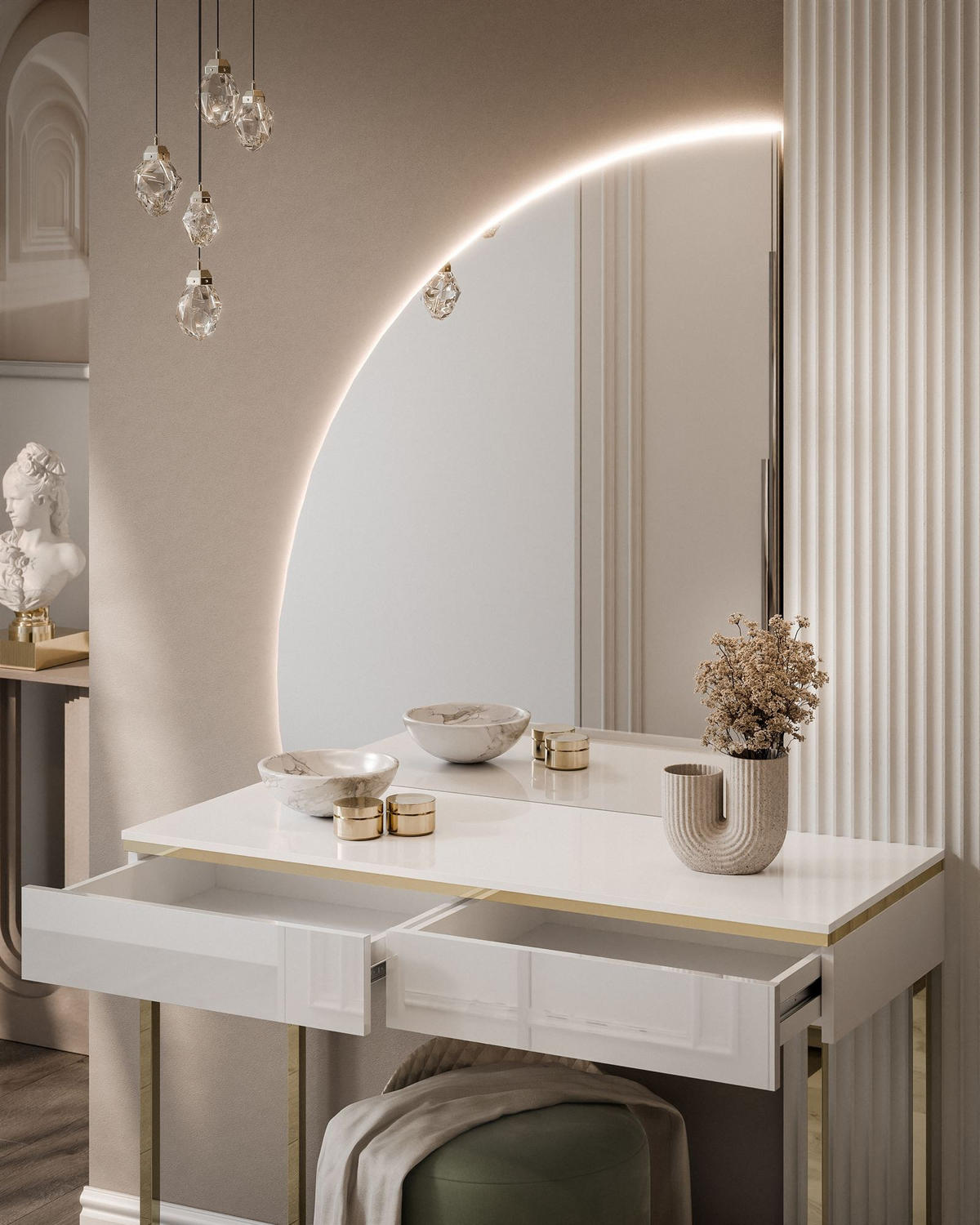 SCHMINKTISCH AURORA-Q GOLD in weiß Hochglanz auf goldenem Gestell mit links Spiegel - Weiß Hochglanz/Goldfarben, Holzwerkstoff/Metall (102/174/44cm) - Lookway