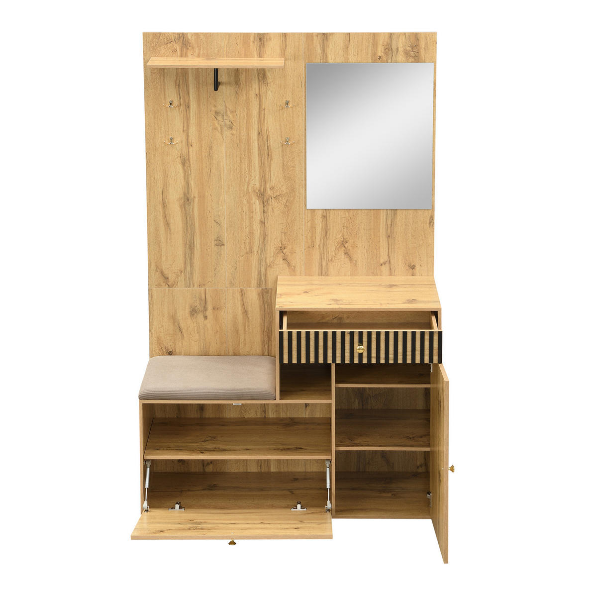 GARDEROBENSET 110/37/185,5 cm aus MDF mit Spiegel und gepolsterter Sitzfläche Schwarz/Naturfarben - Schwarz, Holzwerkstoff (110/185.5/37cm) - Modenvie