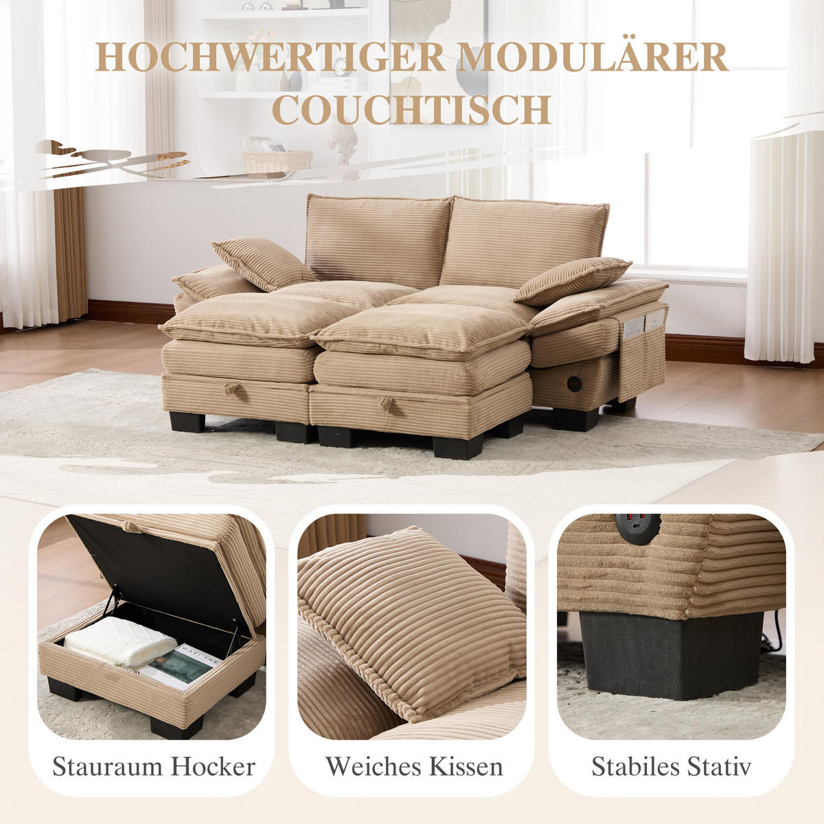 2-SITZER SOFA Cord Khaki mit Hocker, USB-C und Seitentaschen - Hellbraun, Holzwerkstoff/Kunststoff (190/84/132cm) - WISHDOR