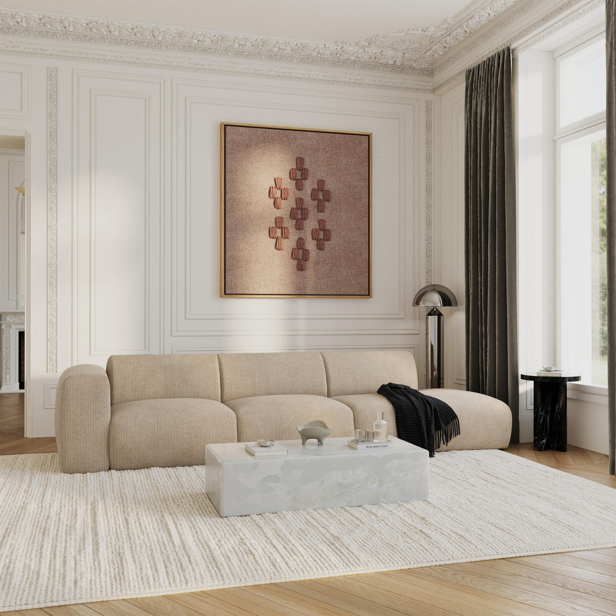 SOFA 5-Sitzer Gerippter Samt Beige 310cm - Beige, Textil (310/73/96cm) - Sia Home